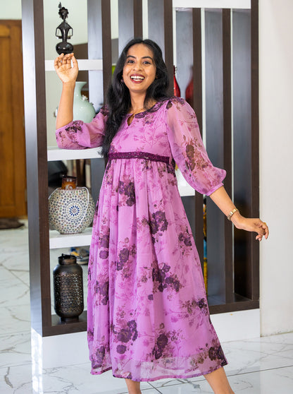Full-length view of 47-inch A-line purple chiffon kurti - Ariyaa
