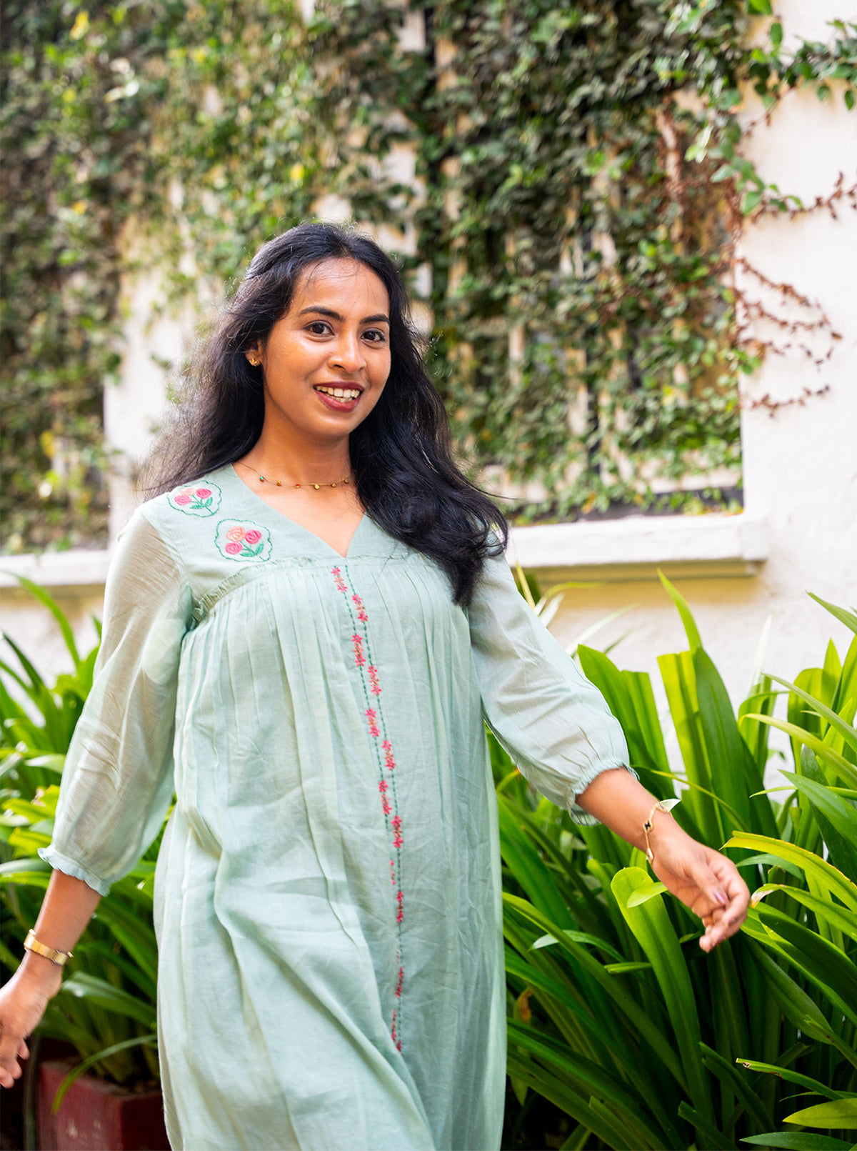 lora - Pastel Green Floral Embroidered Mul Cotton A-Line Kurti