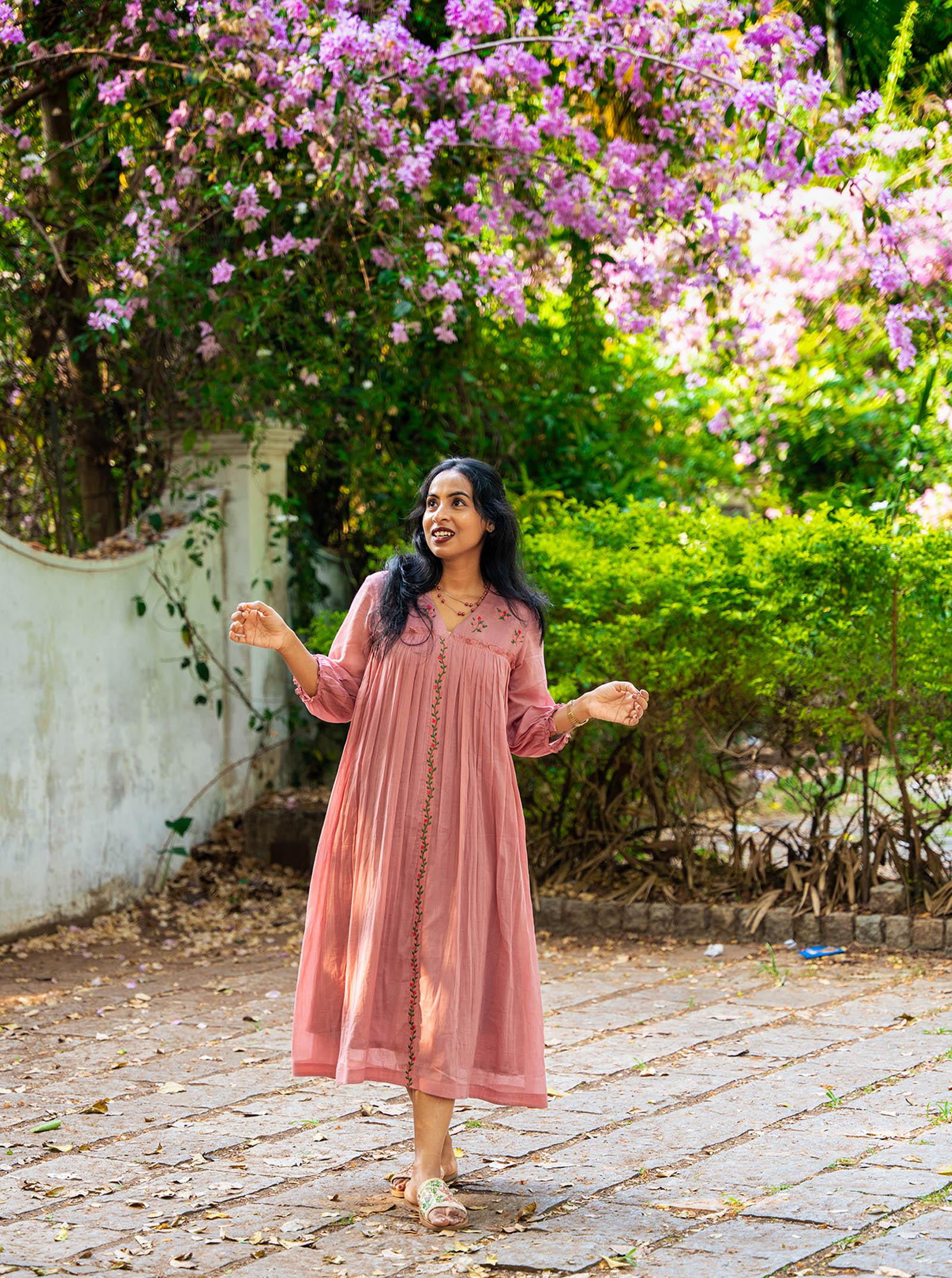 Model wearing pastel pink embroidered kurti full length — Ariyaa