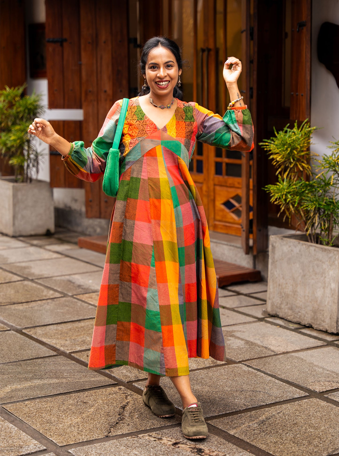 Handloom cotton A-line kurti showing flared panel silhouette