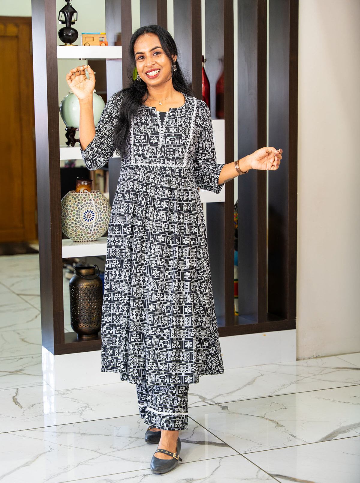 Black cotton co-ord set with 44 inch kurti and matching printed palazzo - Ariyaa