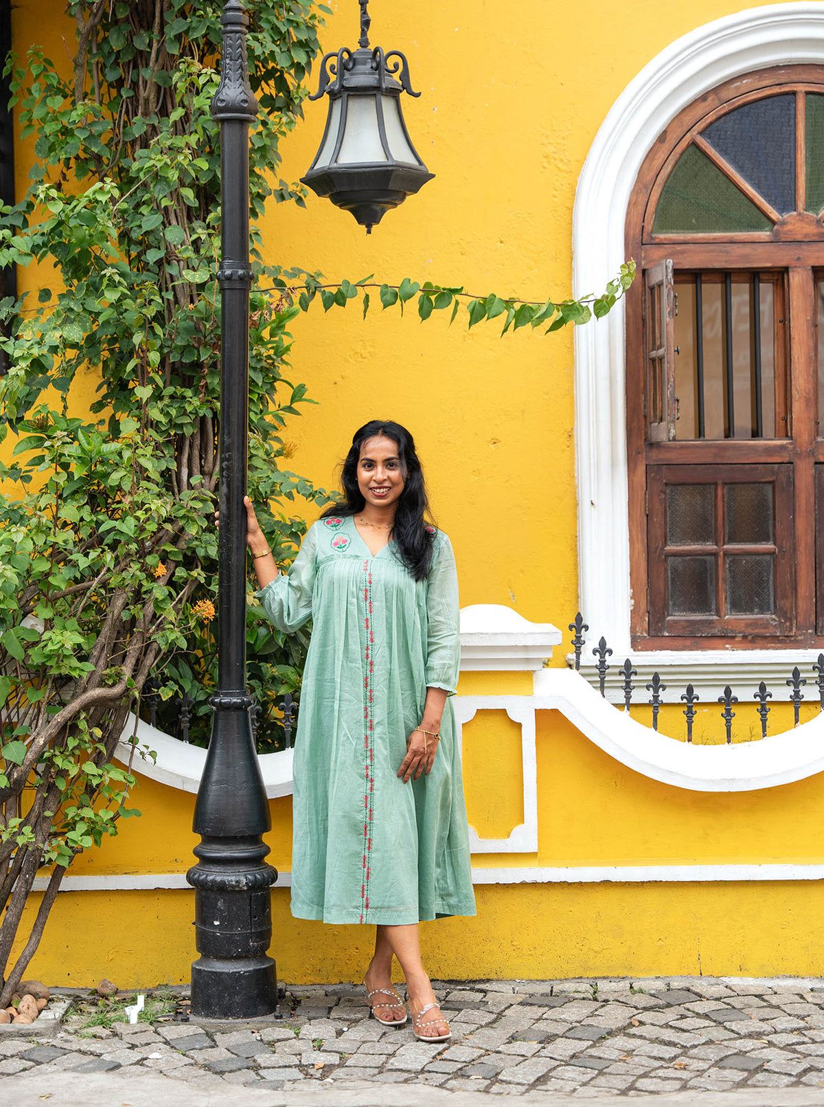 lora - Pastel Green Floral Embroidered Mul Cotton A-Line Kurti