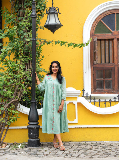 lora - Pastel Green Floral Embroidered Mul Cotton A-Line Kurti