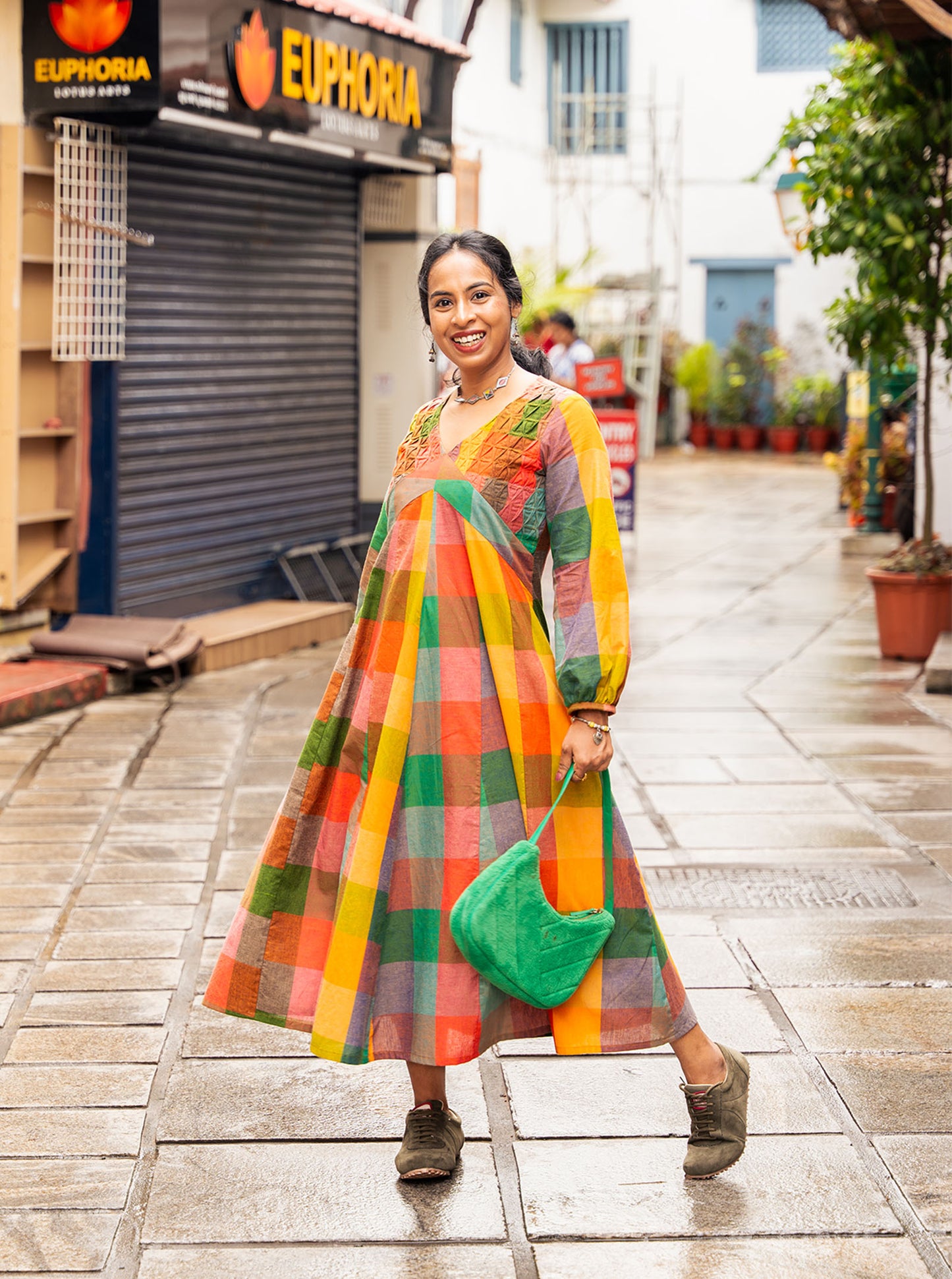 Multicolour checked kurti side view showing 47 inch length