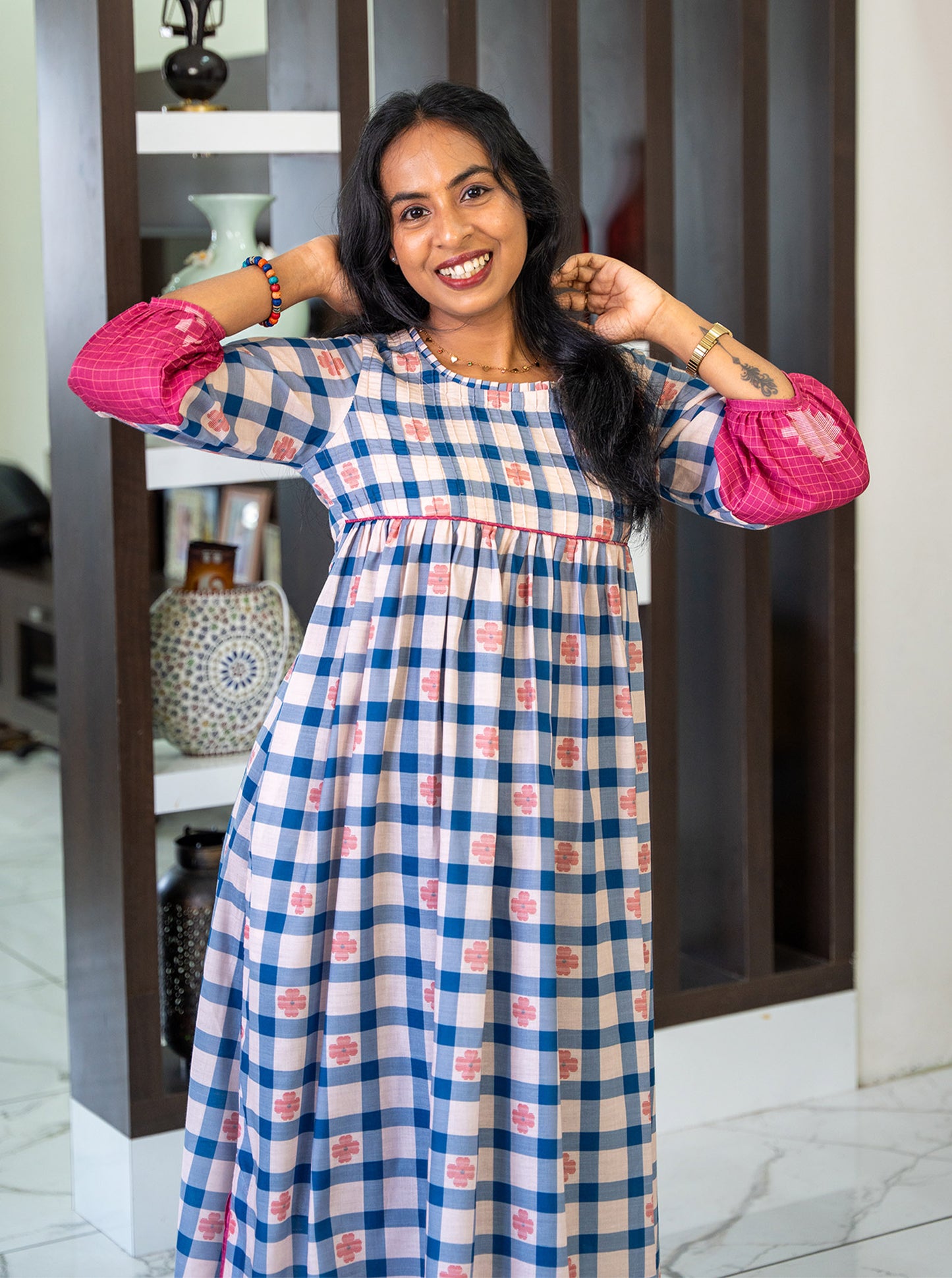Detail shot of pintex yoke and round pleated neckline of cotton kurti - Ariyaa