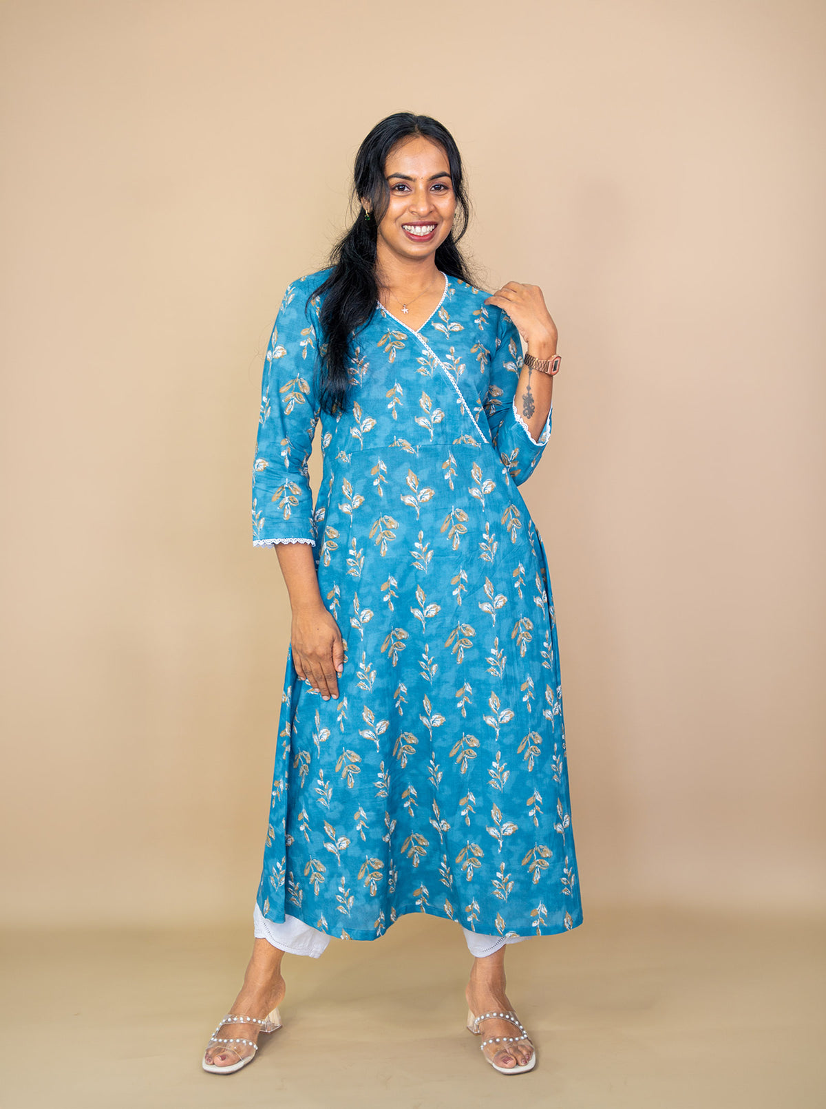Blue cotton kurti with hand in side pocket, everyday styling - Ariyaa