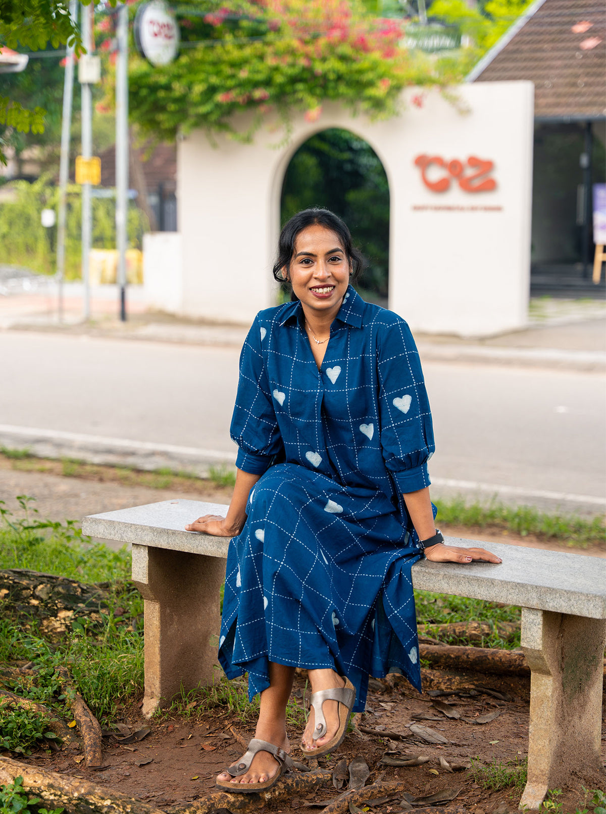 Full length front view of Indilove indigo hand block print midi shirt dress - Ariyaa