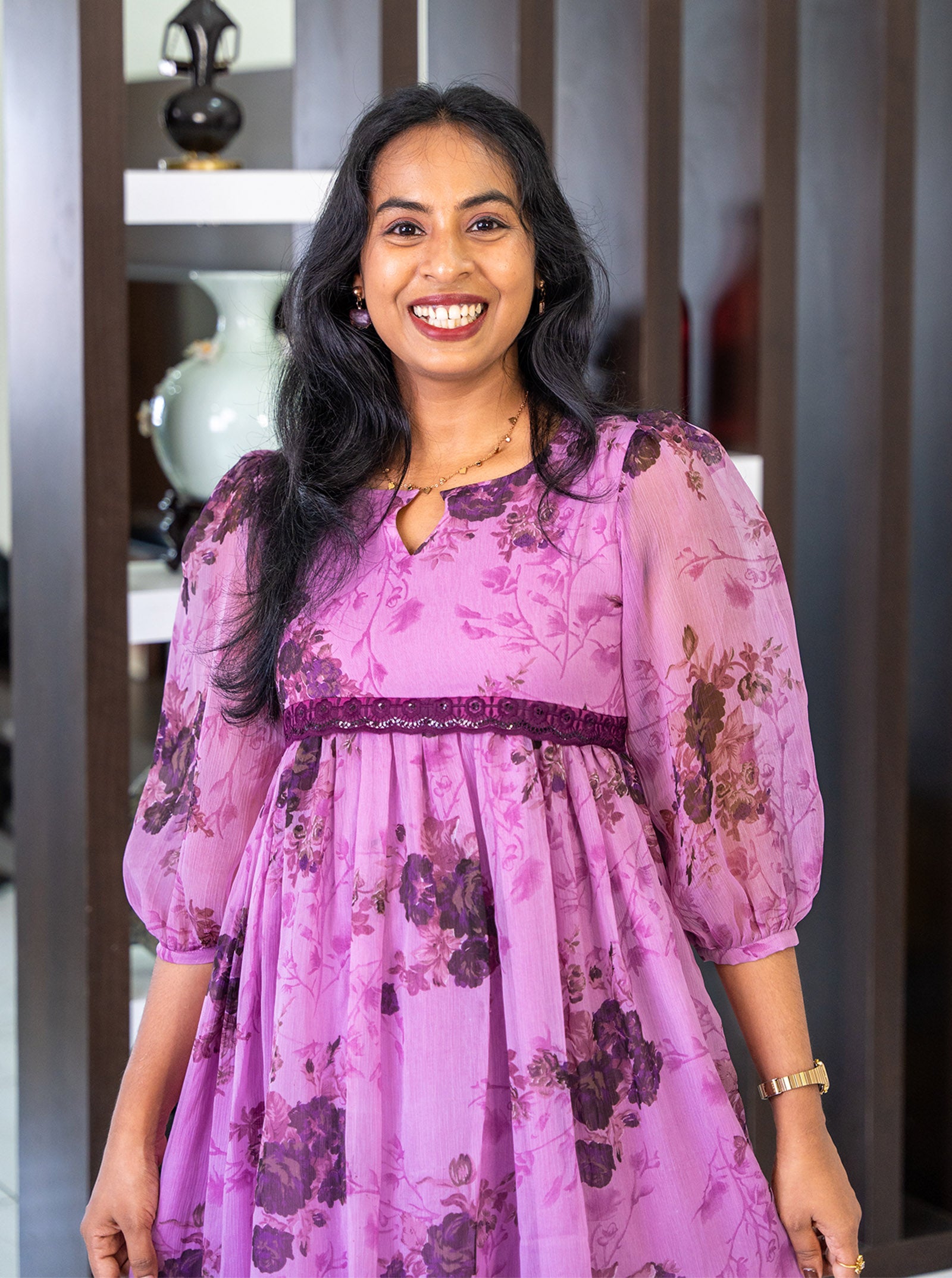 Detail shot of lace detailing at the yoke of purple chiffon kurti - Ariyaa