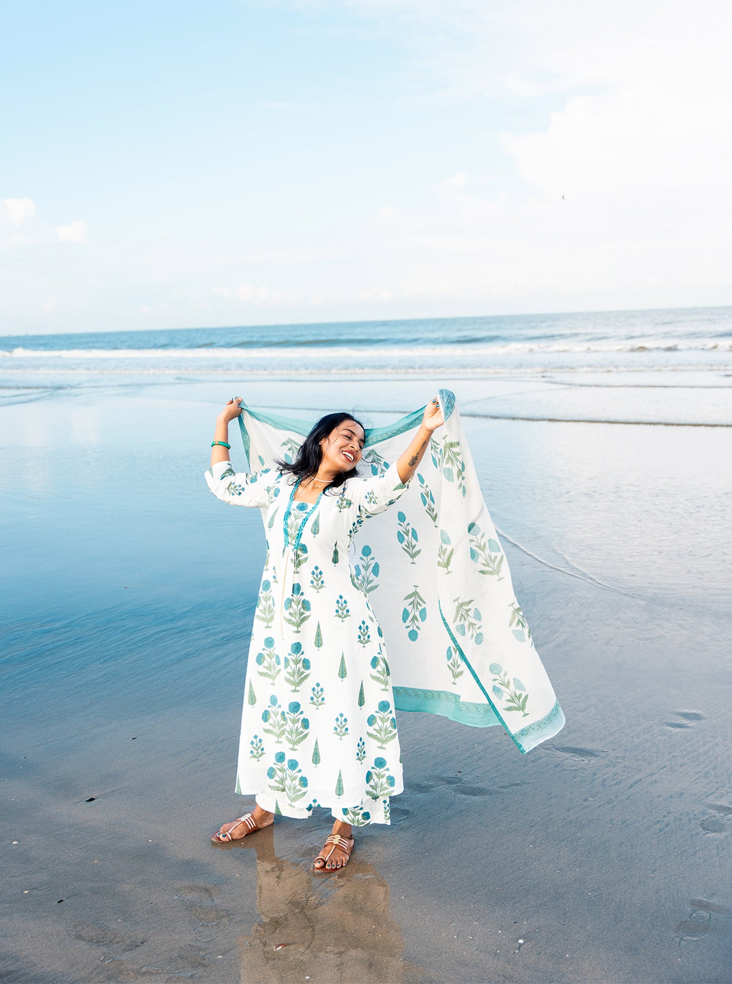 Cyan Cyan Floral Motif A-Line Co-Ord Set front view — Ariyaa