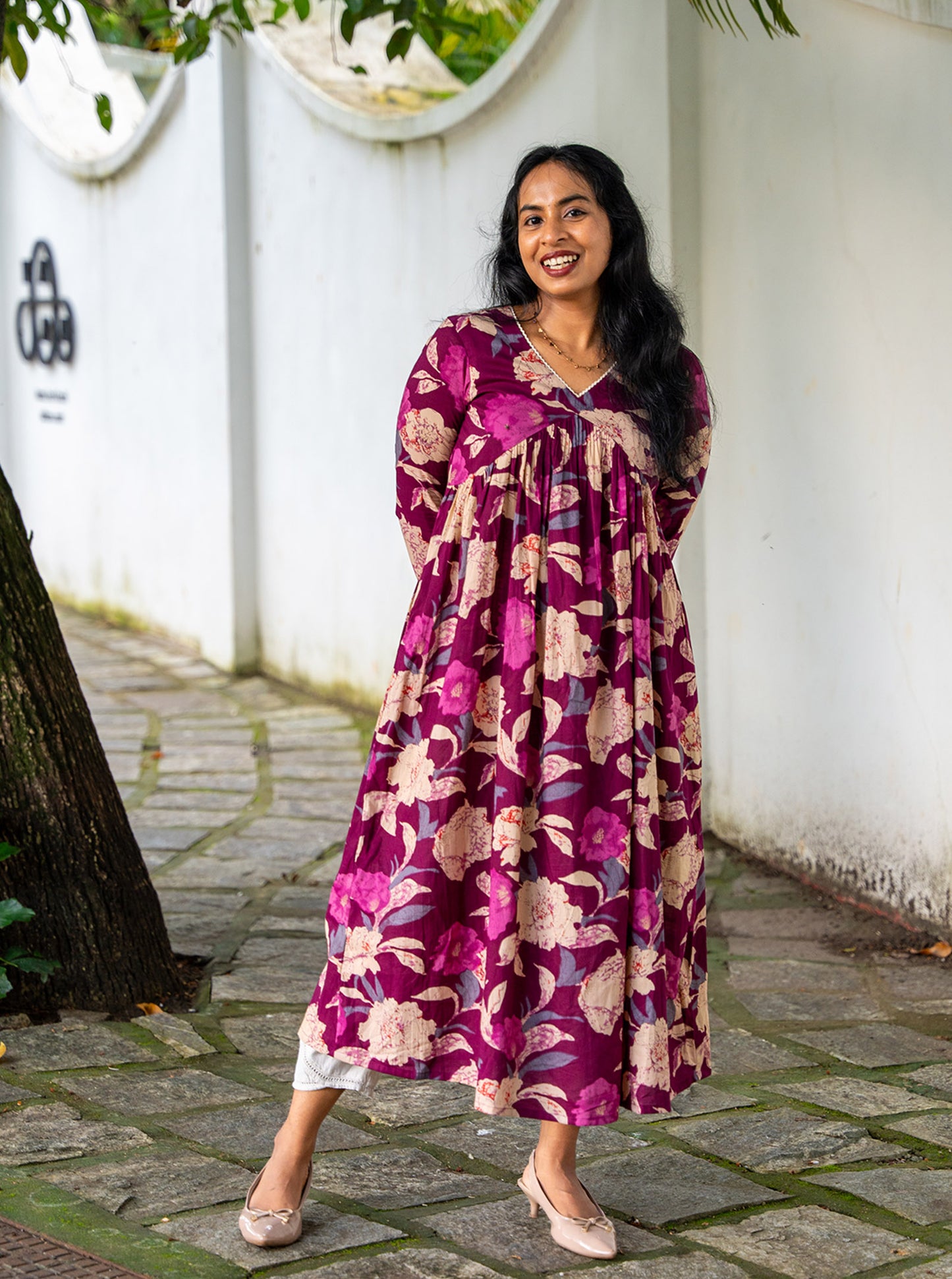 Purple Garden - Cotton Alia Cut Kurti with Purple Floral Prints