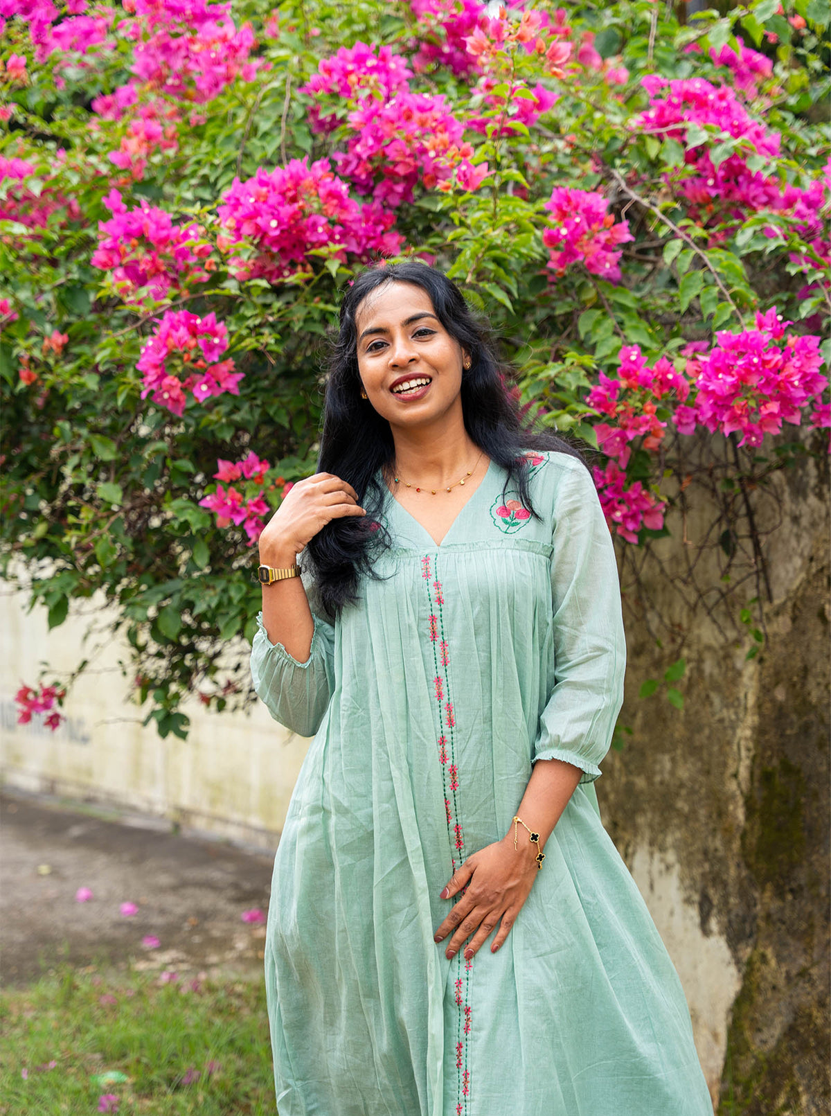 lora - Pastel Green Floral Embroidered Mul Cotton A-Line Kurti