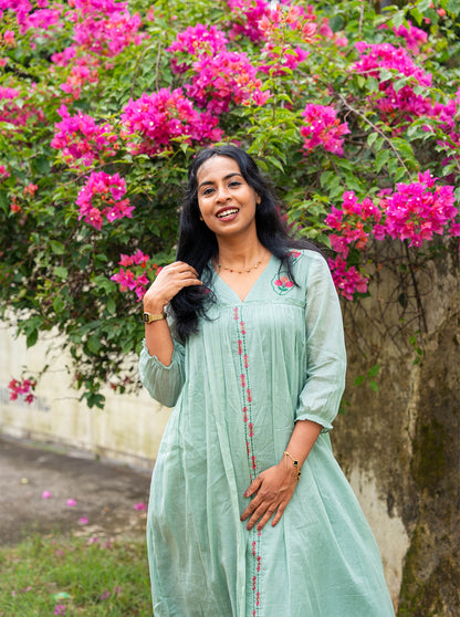 lora - Pastel Green Floral Embroidered Mul Cotton A-Line Kurti