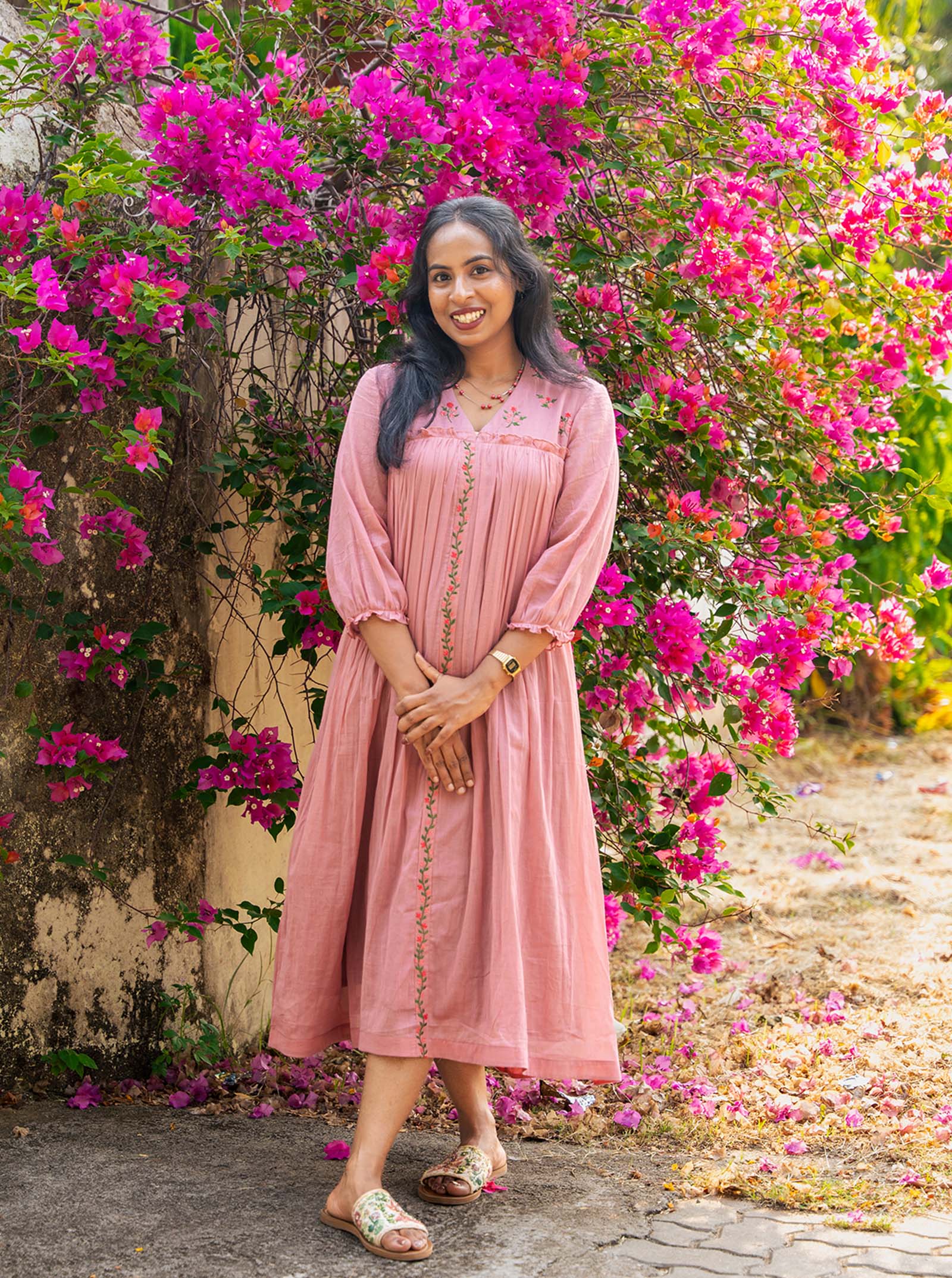 Model wearing pastel pink embroidered kurti full length — Ariyaa