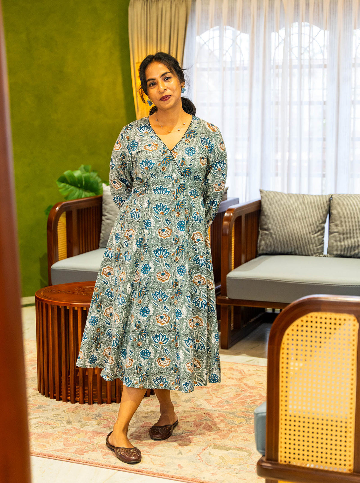 Three panel kurti in grey hand block print showing flared skirt - Ariyaa
