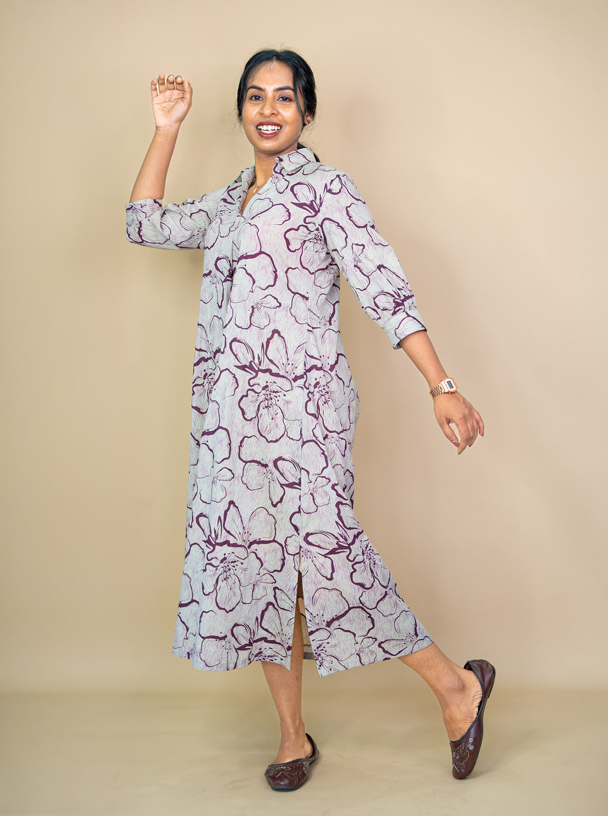 Bold abstract floral sketch print on soft cotton shirt dress - Ariyaa