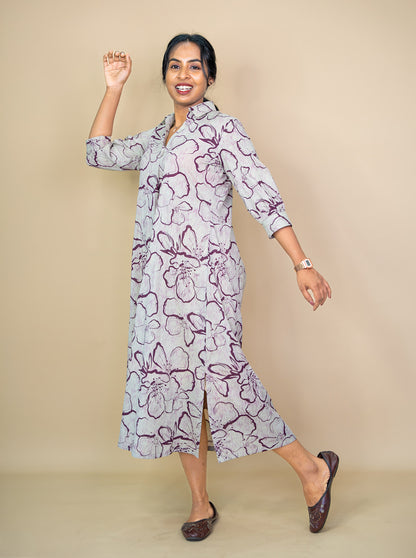 Bold abstract floral sketch print on soft cotton shirt dress - Ariyaa