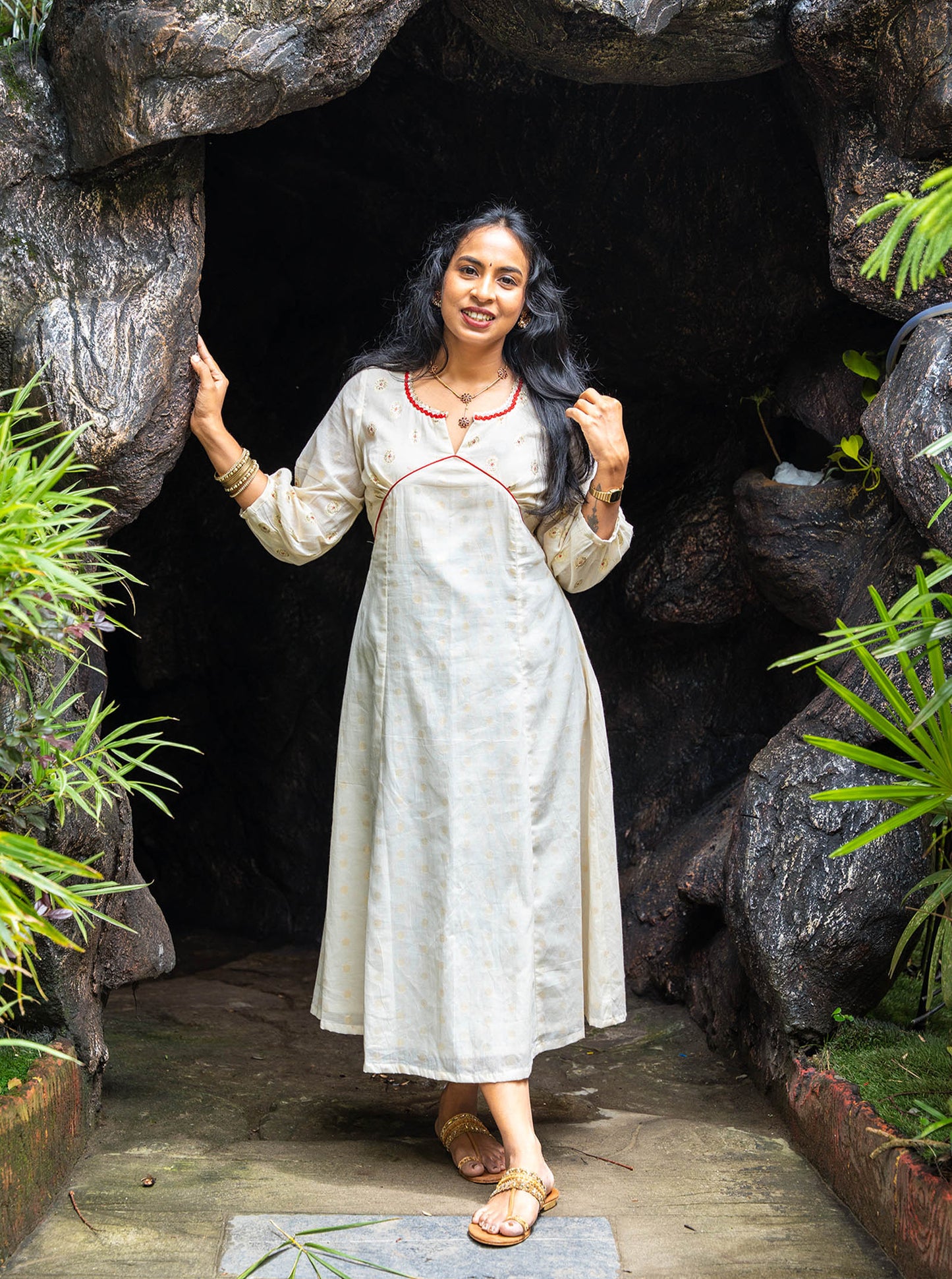 Full length cream Alia cut kurti with 3/4th sleeves - Ariyaa