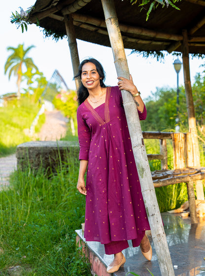 mulberry Purple front panel cut kurtha co-ord set side profile view — Ariyaa