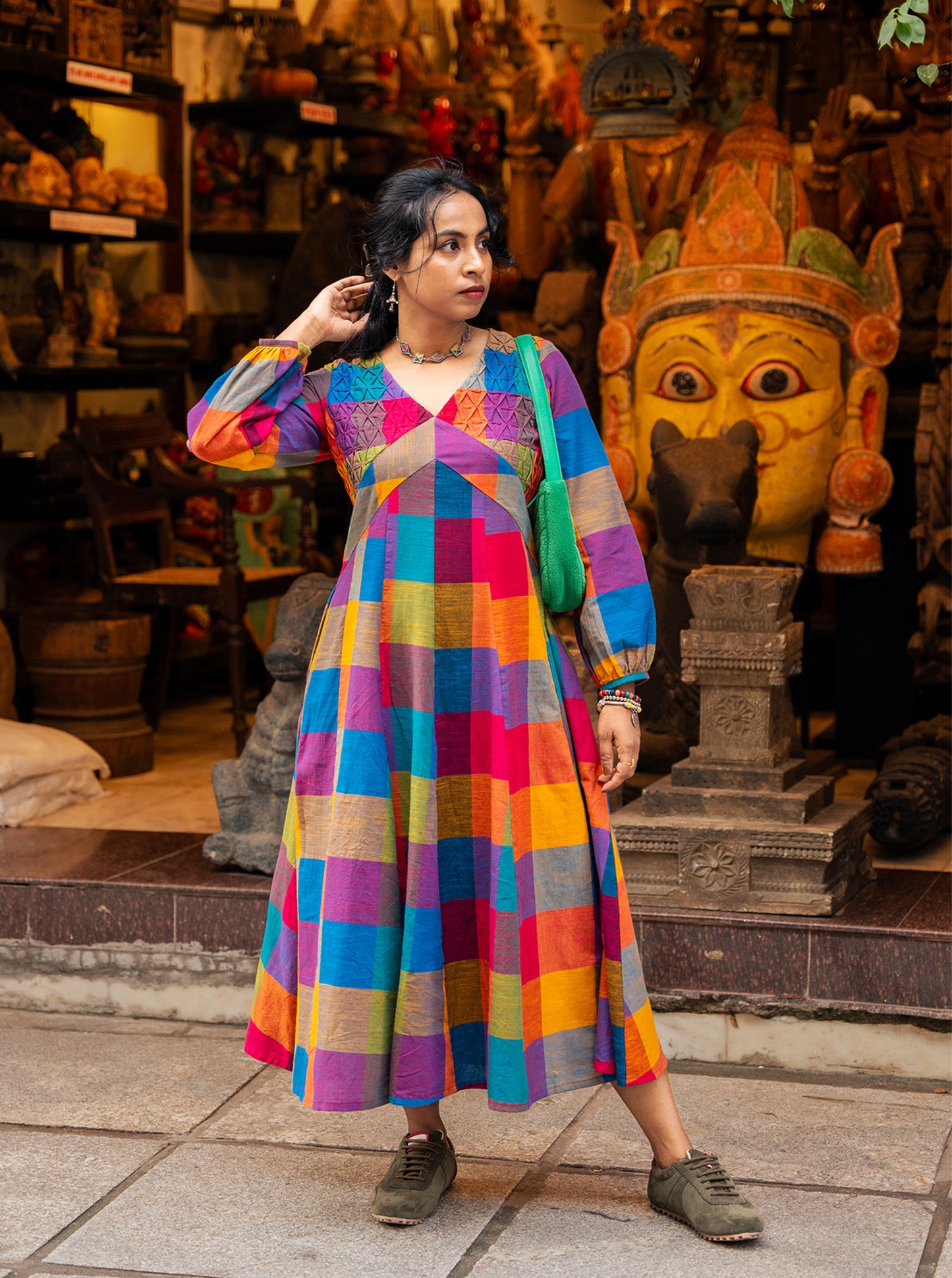 Full length view of 47 inch Madras Kattam kurti in handloom cotton checks