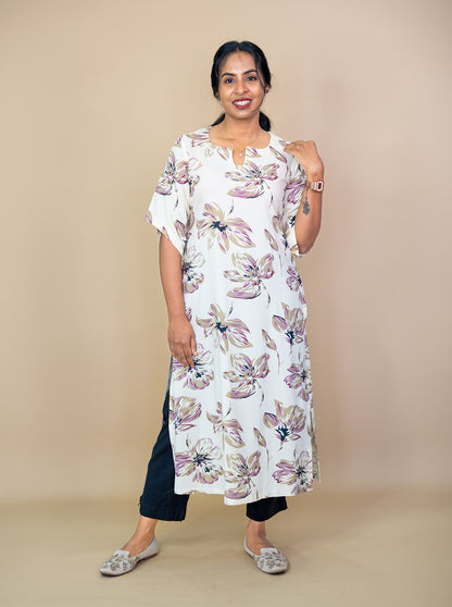 Detail of kimono sleeve and painterly wine floral print on soft rayon - Ariyaa