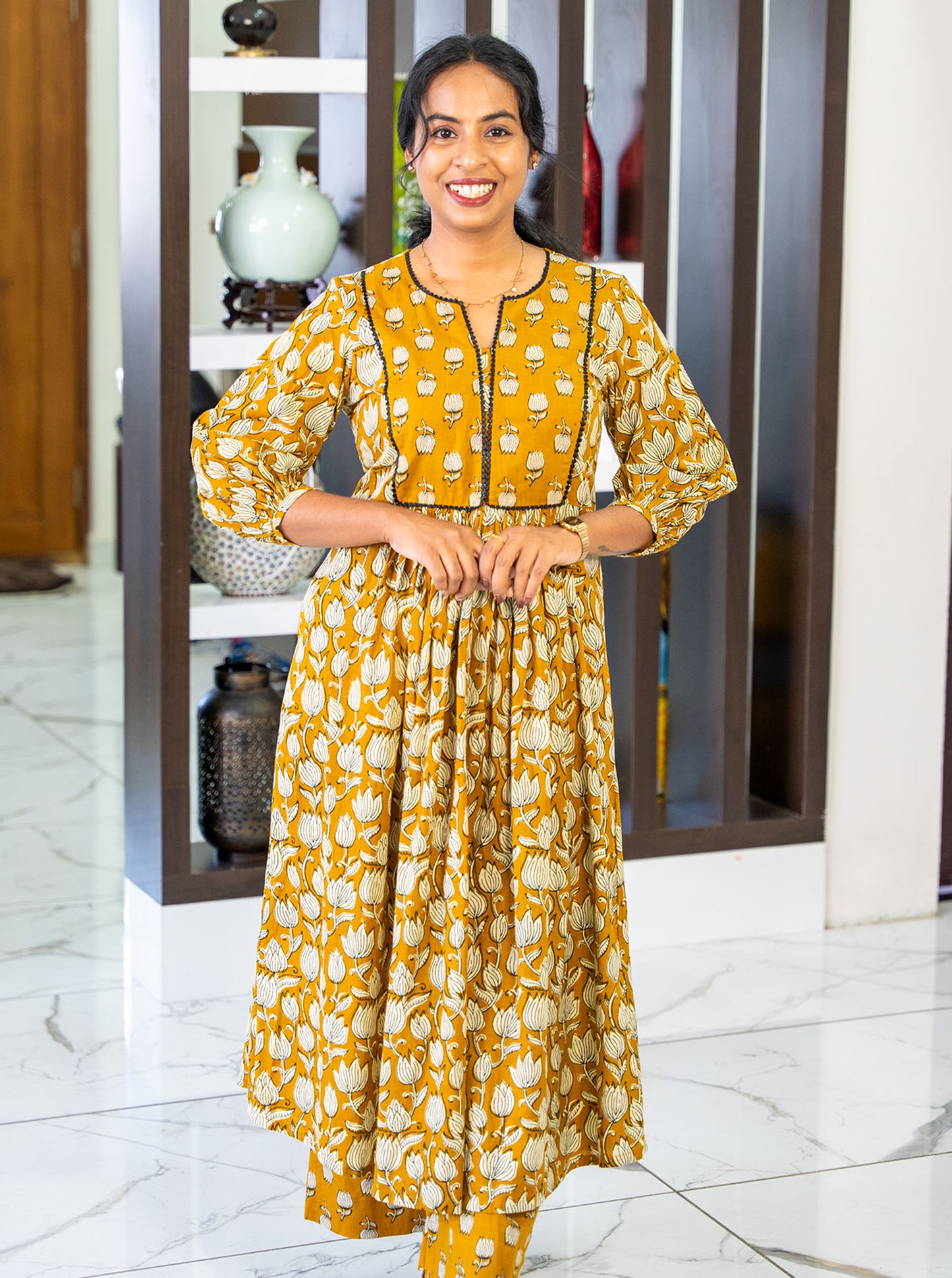Styled look of tanned yellow floral cotton co-ord set for office and casual wear - Ariyaa