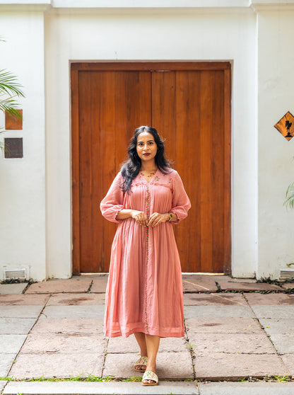 Model wearing pastel pink embroidered kurti full length — Ariyaa