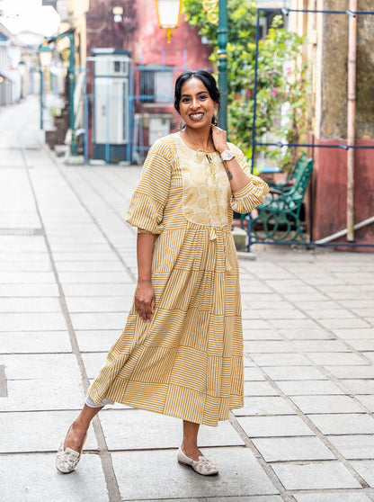 Model wearing sandal block print A-line kurti full length — Ariyaa