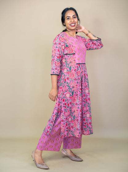 Side view of pink floral co-ord set with side slit and matching palazzo pants - Ariyaa