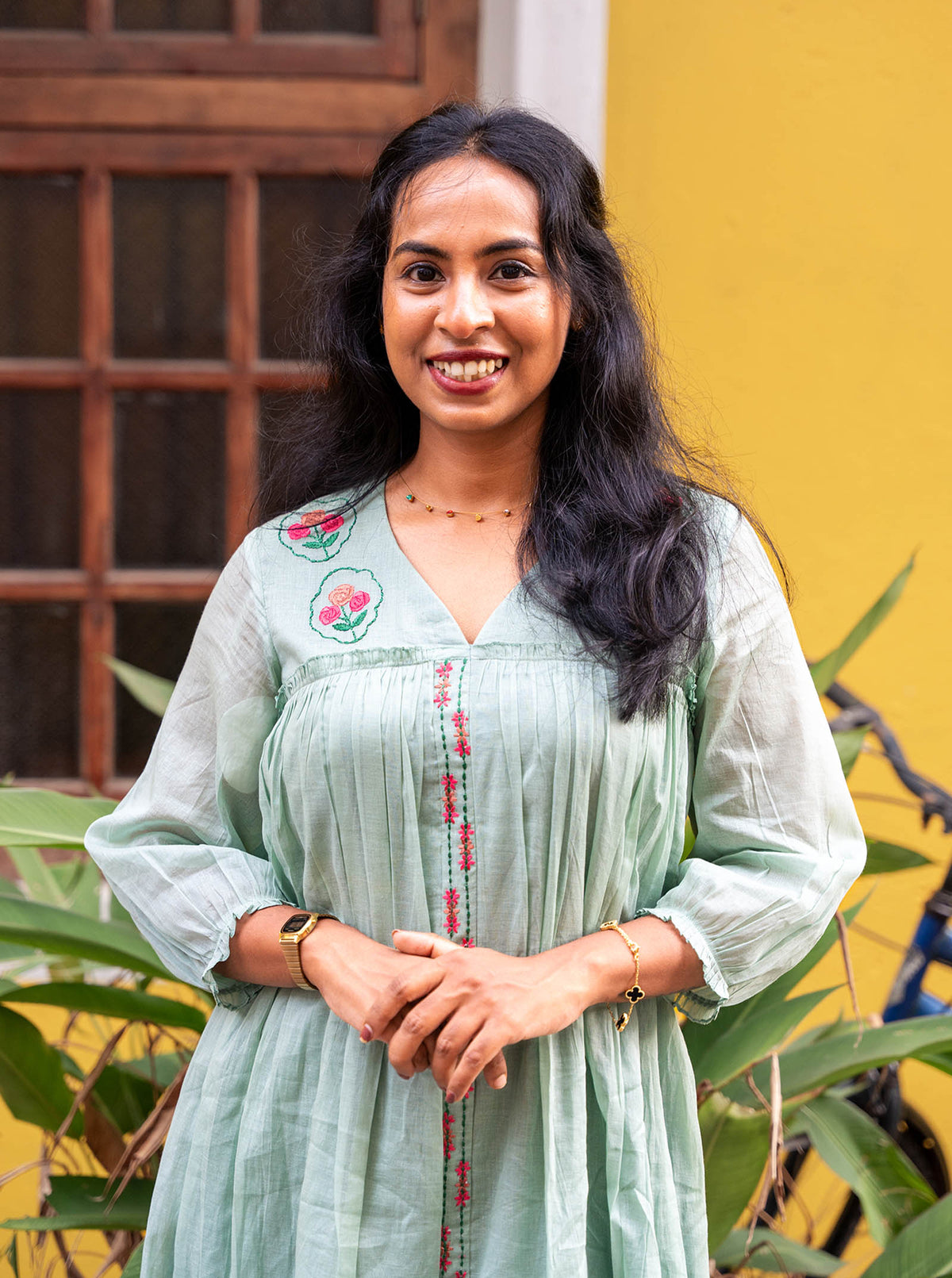 lora - Pastel Green Floral Embroidered Mul Cotton A-Line Kurti