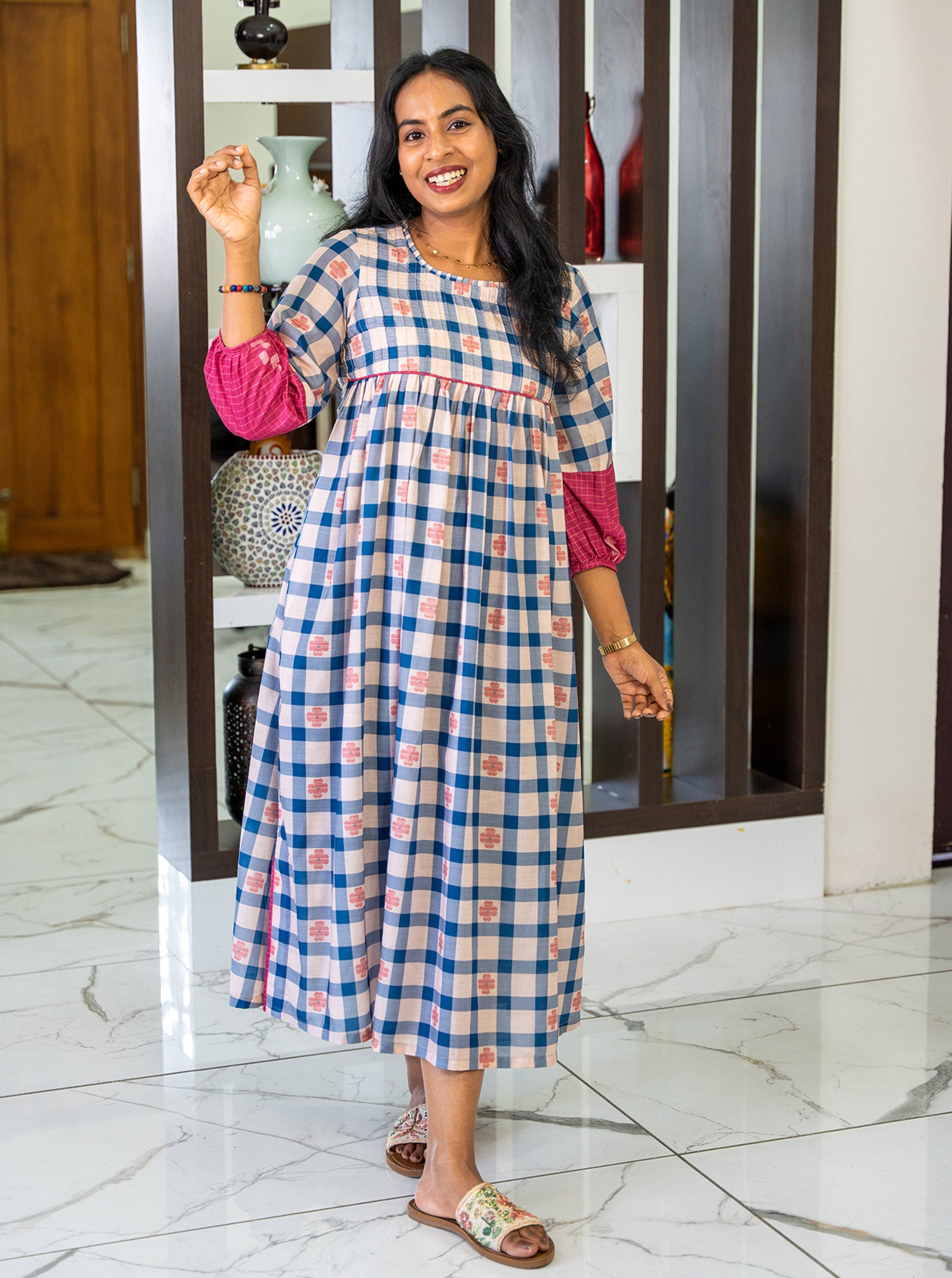 Styled look of blue and pink checked kurti for office and festive wear - Ariyaa