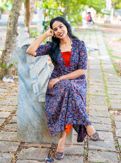 Rusticblu  -Scalloped with Pintex Neck and Panel Cut Kurti
