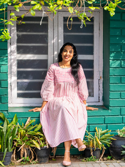 Woman styled in pink and white handloom cotton office kurti - Ariyaa