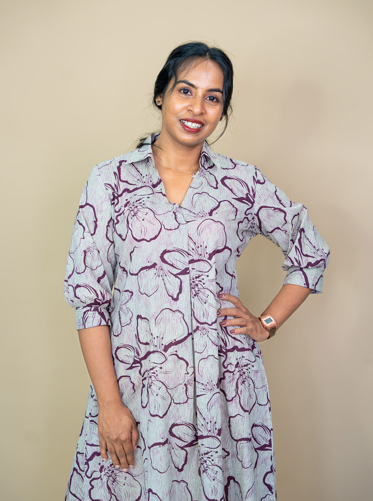 Wine floral cotton dress in movement showing side slit and easy drape - Ariyaa