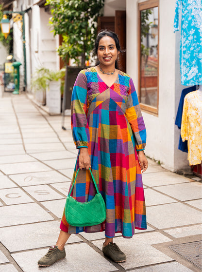 Model wearing multicolour checks handloom cotton front panel cut kurti full length - Ariyaa