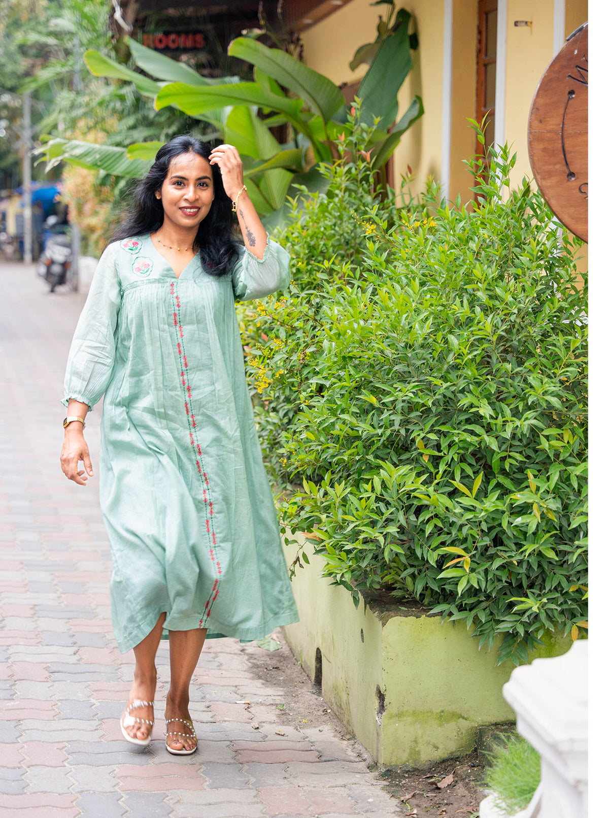 lora - Pastel Green Floral Embroidered Mul Cotton A-Line Kurti