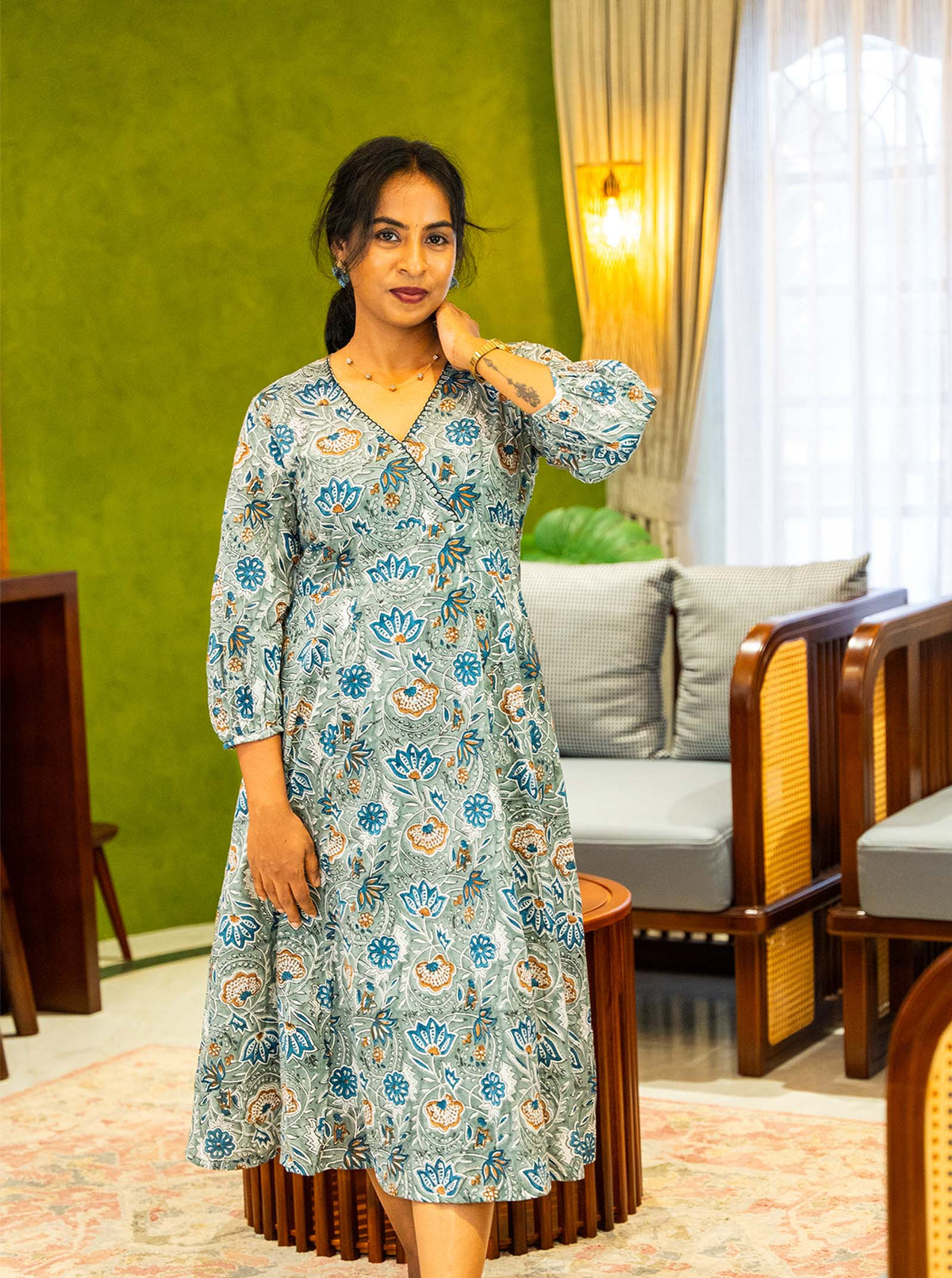 Grey hand block print cotton kurti for casual wear, front view - Ariyaa