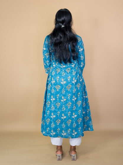 Back view of blue cotton kurti showing A-line flare and leaf block print - Ariyaa