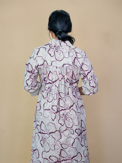 Back view of wine floral shirt dress showing yoke gathers and straight fall - Ariyaa
