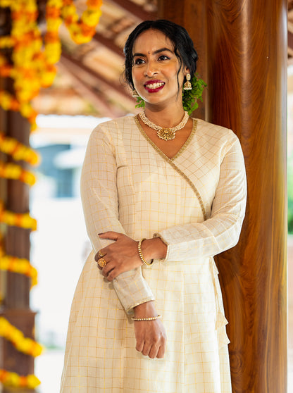 Close-up of golden check cotton lurex fabric weave in cream - Ariyaa