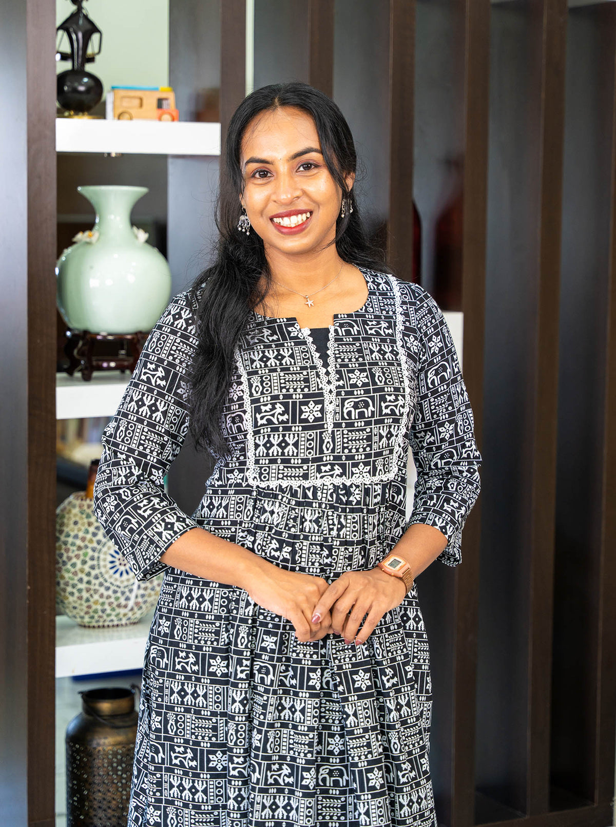 Black and white folk print cotton kurti styled for office and daily wear - Ariyaa