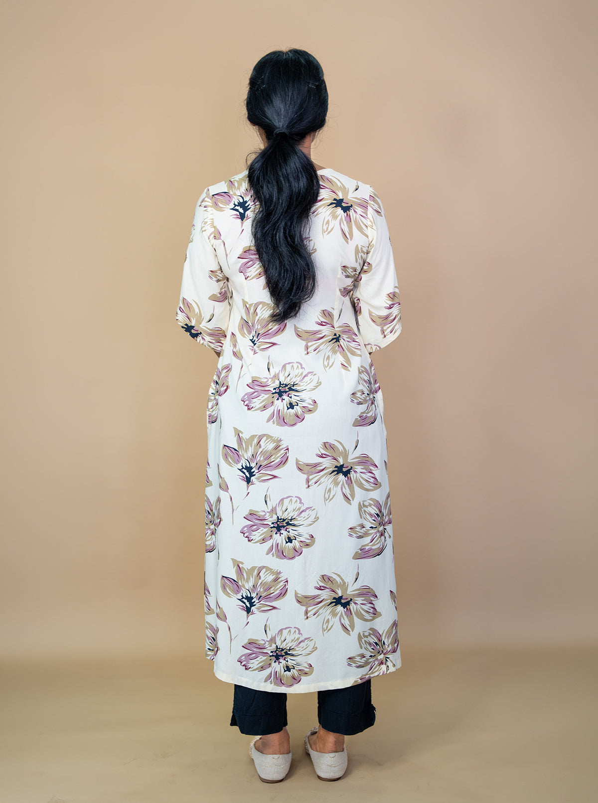 Back view of cream floral straight kurti showing 46 inch length - Ariyaa