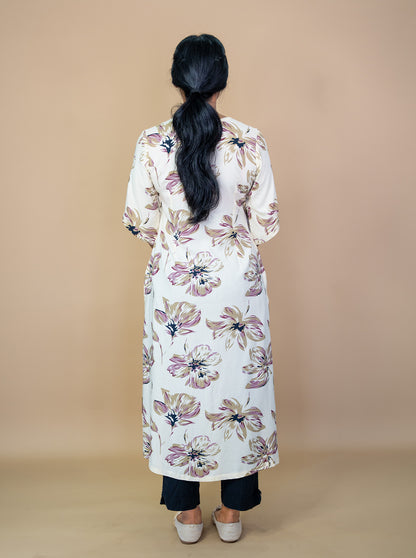 Back view of cream floral straight kurti showing 46 inch length - Ariyaa