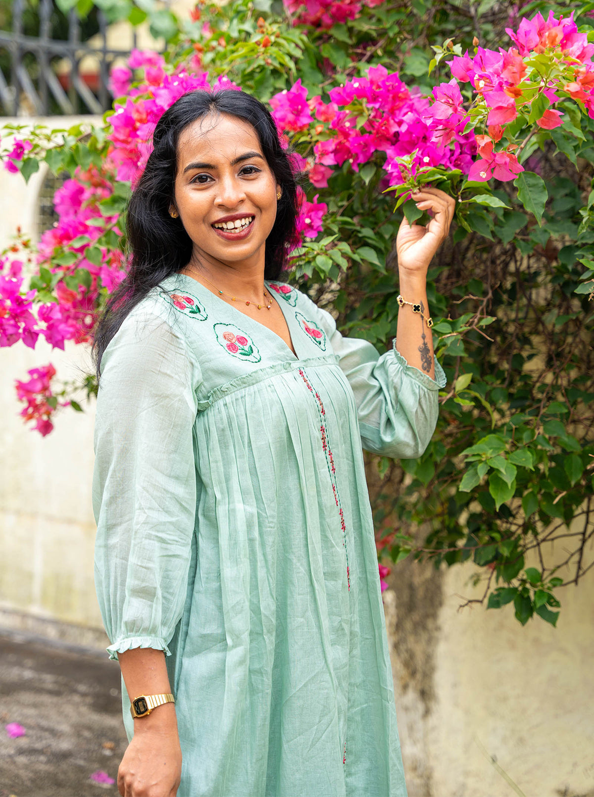lora - Pastel Green Floral Embroidered Mul Cotton A-Line Kurti