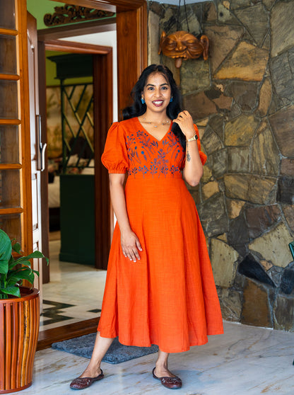 Full length orange slub cotton dress styled with brown flats - Ariyaa