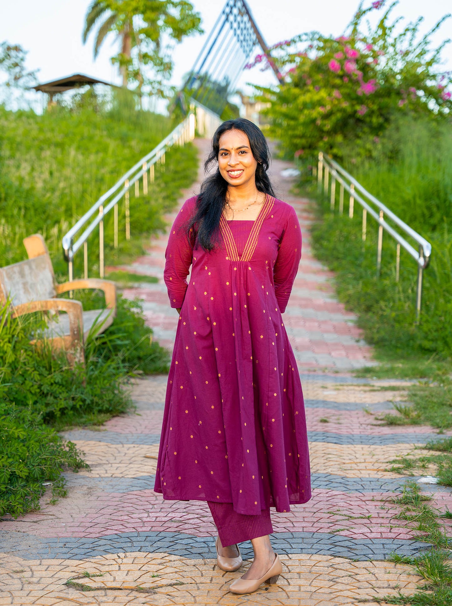 Model wearing mulberry purple handloom  handloom cotton front panel cut kurtha co-ord set full length — Ariyaa