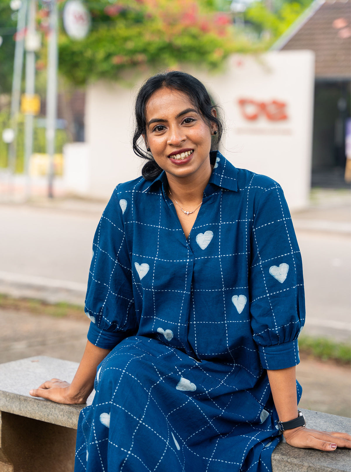 Back yoke and gathered detail of Indilove indigo hand block print shirt dress - Ariyaa