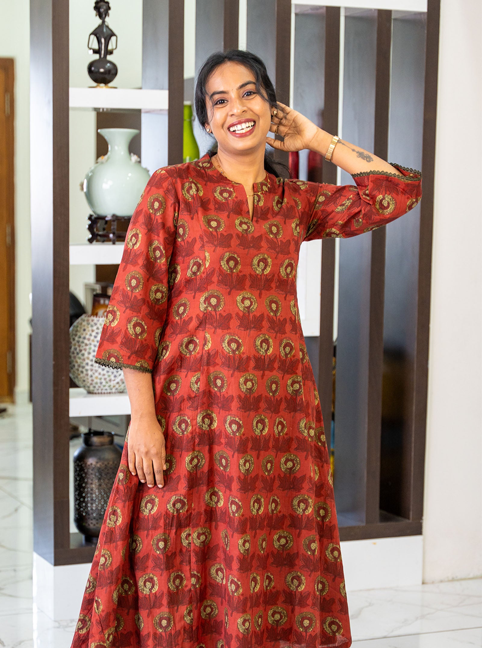 Terracotta floral cotton kurti available in sizes XS to 4XL - Ariyaa