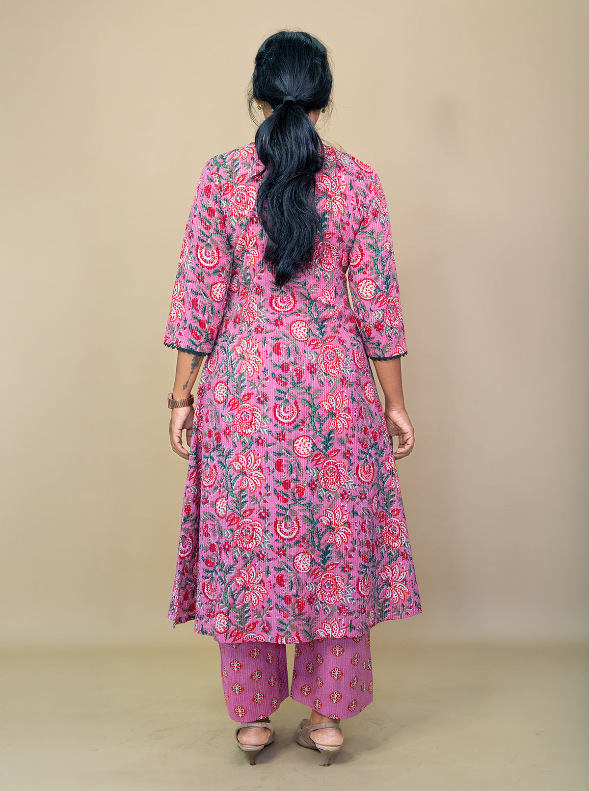 Back view of pink kantha cotton co-ord set with green floral block print - Ariyaa