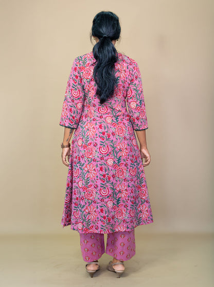 Back view of pink kantha cotton co-ord set with green floral block print - Ariyaa