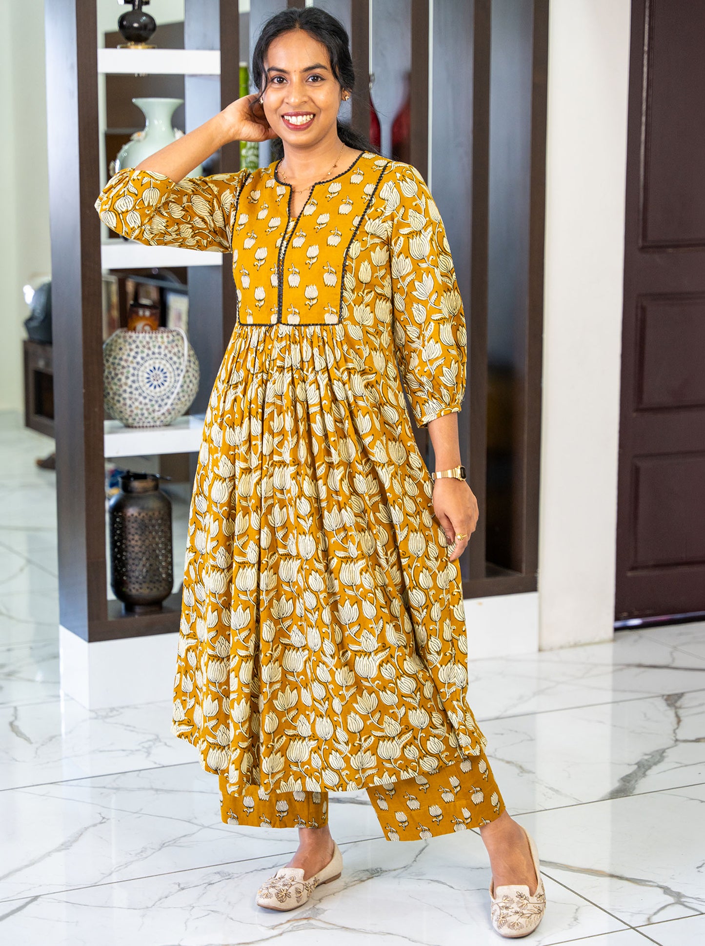 Tanned yellow cotton co-ord set available in sizes XS to 4XL - Ariyaa